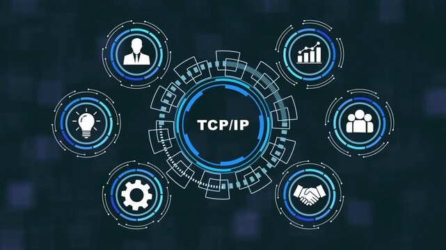 Advanced tcp/ip network protocol concept animation featuring futuristic digital hud interface with interconnected business for global data communication, cyber security, and modern information