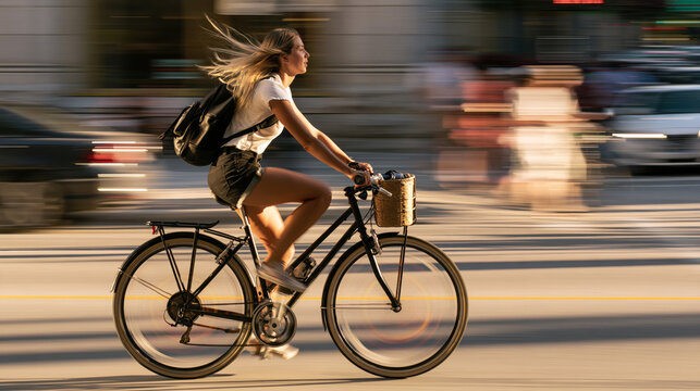 Biker in motion with spinning wheel on city street