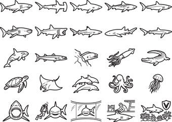 Obraz premium A collection of hand-drawn illustrations depicts various marine life and underwater scenes, showcasing sharks, dolphins, a turtle, a squid, and a diver in a stylized black and white graphic style.