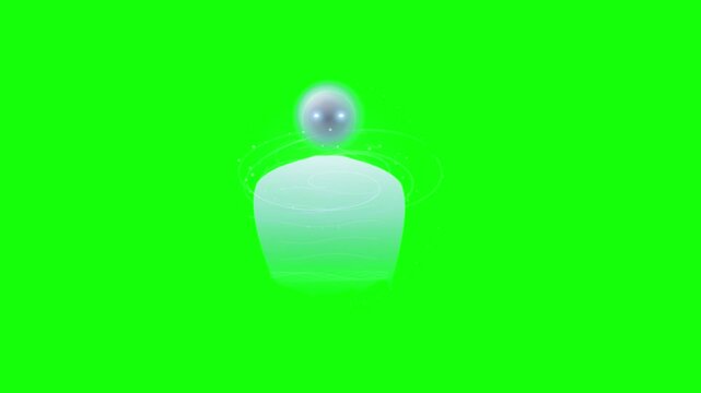 Minimalist Stylized Robotic Character Avatar Design Featuring A Glowing Spherical Head And Smooth Abstract Base On A Solid Green Background