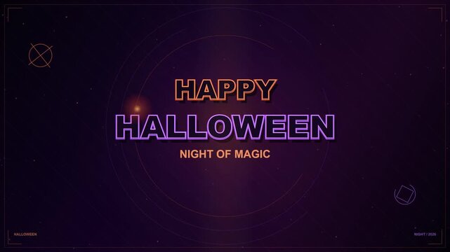 Glowing Neon Happy Halloween Night of Magic Greeting Card Design with Futuristic Digital Elements on Dark Purple Background