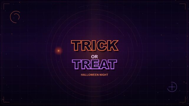 Neon glow trick or treat typography on dark purple tech background for spooky Halloween night flyer banner graphic
