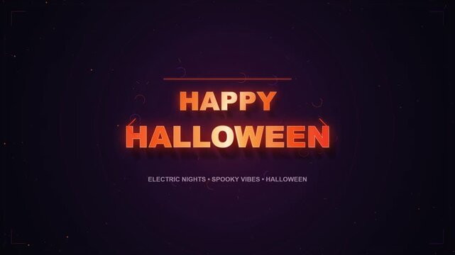 Glowing orange Happy Halloween neon text banner on dark purple background with stars