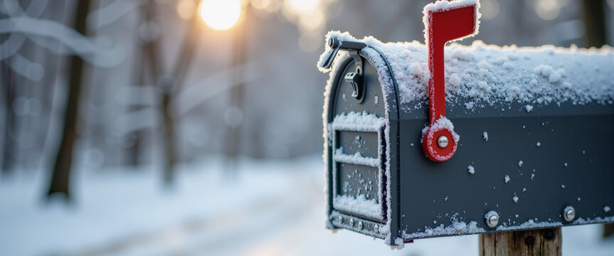Hoar frost on mailbox metal surface winter close-up for rural lifestyle blogs and seasonal postcards