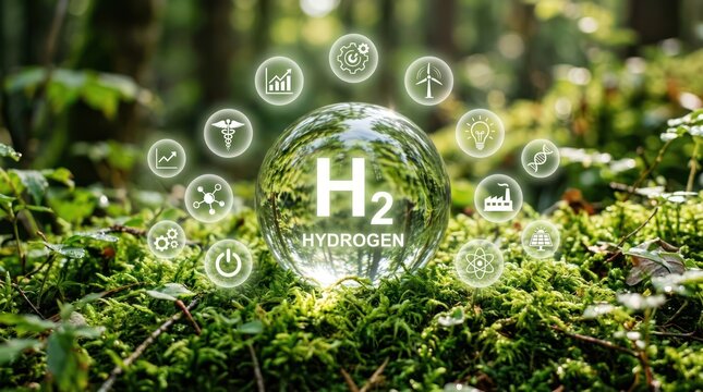 Glass globe with hydrogen text and eco friendly icons in forest