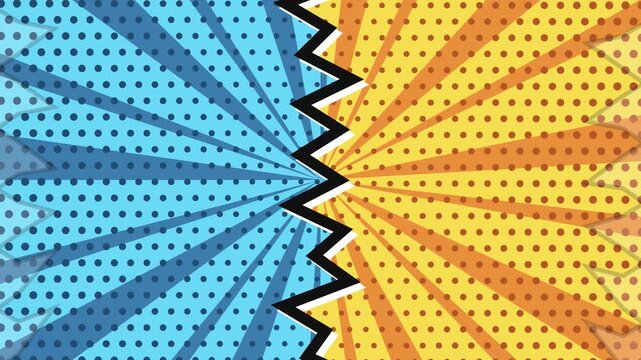 A dynamic comic book style transition effect with halftone patterns.