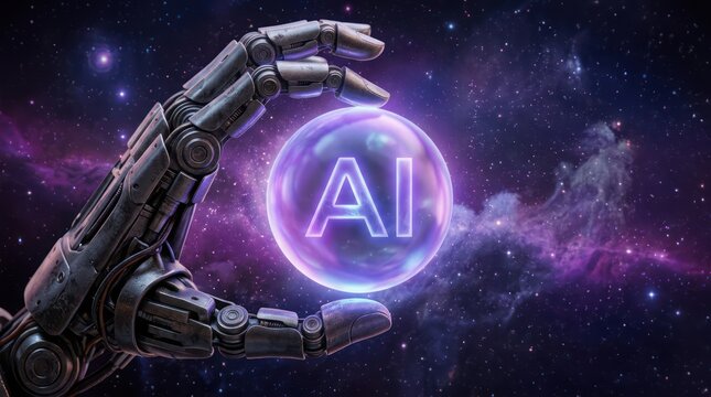 Robotic hand holding AI glowing orb in space cosmos