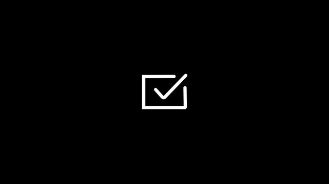 White line art square check box with tick check mark symbol representing completed task approved choice agreement mark U I design element isolated clean dark black background vector.a 4 k video.
