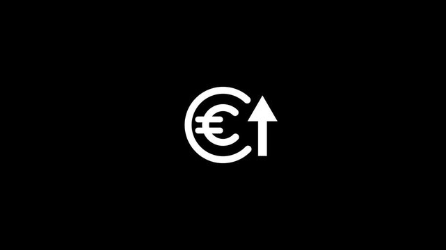White euro currency sign inside circle with upward arrow representing financial growth rate increase inflation price rise money investment profit concept isolated black background vector.a 4k video.