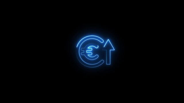 Glowing blue neon euro currency sign with upward arrow representing financial growth rate increase inflation price rise money investment futuristic light effect vector black background.a 4 k video.