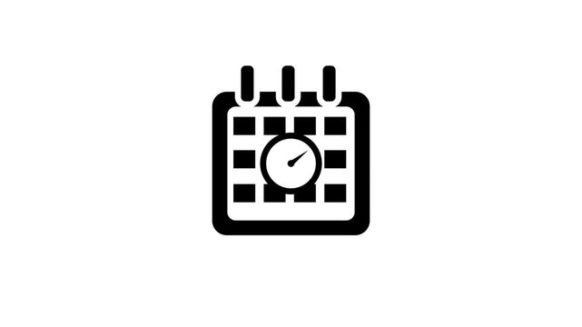 Black calendar page icon with clock symbol representing event schedule appointment planning time management agenda organization U I design element isolated clean bright white background.a 4k video.