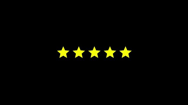 Five yellow star customer review rating system with dashed circle around fifth star representing top 5 star score feedback evaluation ranking quality symbol isolated black background.a 4k video.