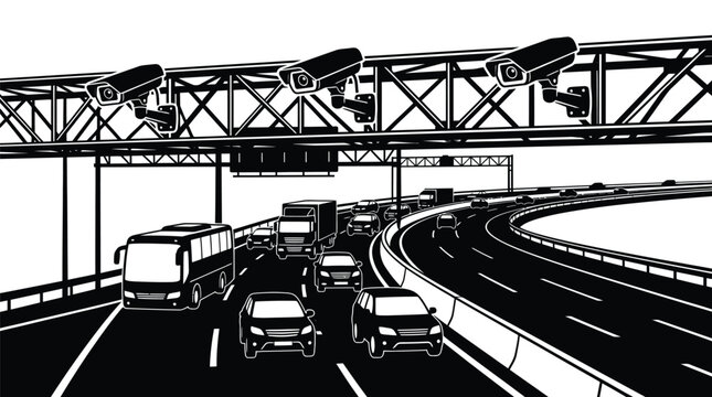 Surveillance cameras monitoring heavy traffic flow on modern highway bridge during daytime hours