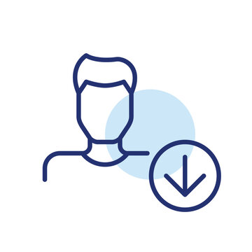 Male user avatar and arrow down. User offline, account deactivation, profile downgrade. Pixel perfect, editable stroke vector icon