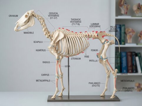 Anatomical Horse Skeleton Model with Labeled Bones illustration