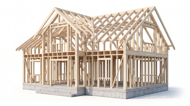 Wooden house frame construction isolated on white background