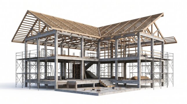 Modern house construction frame with wooden roof trusses and