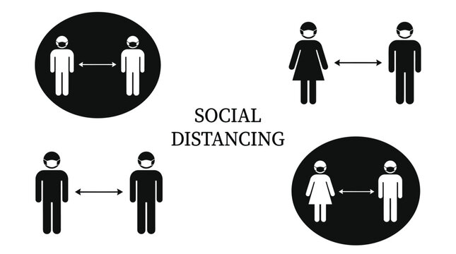 Social distancing safety icons featuring people wearing protective face masks against viral infection diseases