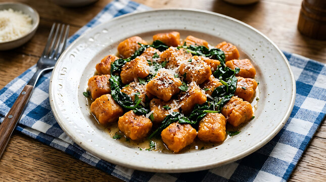 Sweet potato gnocchi with spinach and parmesan cheese served on a