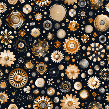 Luxury steampunk seamless pattern with golden gears and geometric flowers on black background