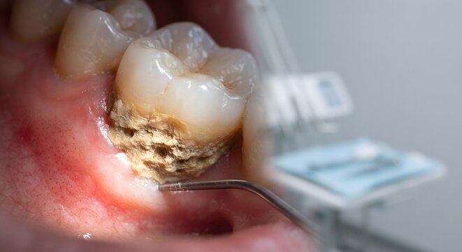 Macro Close-Up View Of Dental Calculus And Tartar Buildup On Human Molar Teeth During Professional Dental Examination And Cleaning Procedure In A Modern Clinic