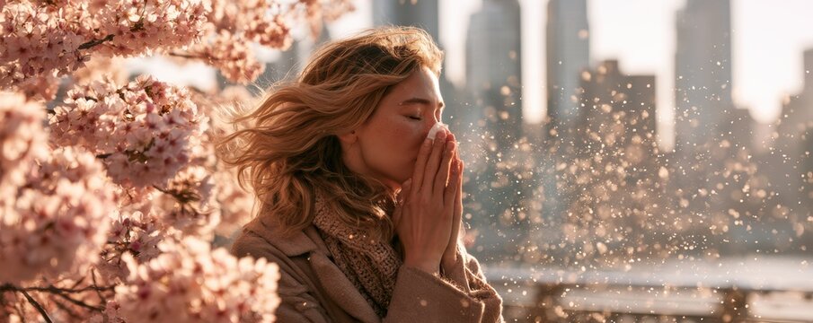Young woman sneezing into a tissue suffering from seasonal pollen allergy during a sunny spring time,cherry blossoms,sakura,wellness ,unhealthy concept.