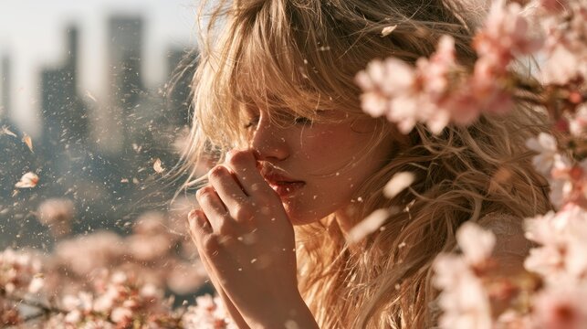 Young woman sneezing into a tissue suffering from seasonal pollen allergy during a sunny spring time,cherry blossoms,sakura,wellness ,unhealthy concept.