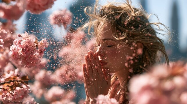 Young woman sneezing into a tissue suffering from seasonal pollen allergy during a sunny spring time,cherry blossoms,sakura,wellness ,unhealthy concept.
