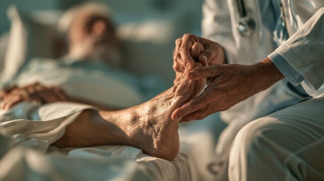 Healthcare Professional Examining an Older Adult Foot at hospital or clinic,Concept of osteoarthritis, knee pain, osteoarthritis, knee inflammation,Physical therapy.