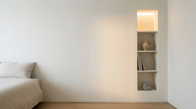 Minimalist bedroom interior featuring a large blank white wall mockup and a built-in illuminated shelf with decorative items in a serene modern house with warm soft lighting.