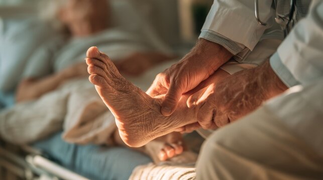 Healthcare Professional Examining an Older Adult Foot at hospital or clinic,Concept of osteoarthritis, knee pain, osteoarthritis, knee inflammation,Physical therapy.