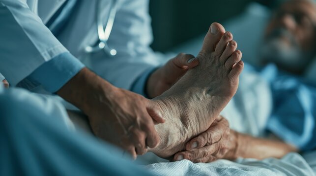 Healthcare Professional Examining an Older Adult Foot at hospital or clinic,Concept of osteoarthritis, knee pain, osteoarthritis, knee inflammation,Physical therapy.