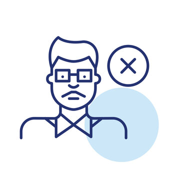 Older man and cross. Account restriction, user ban. Pixel perfect, editable stroke vector icon