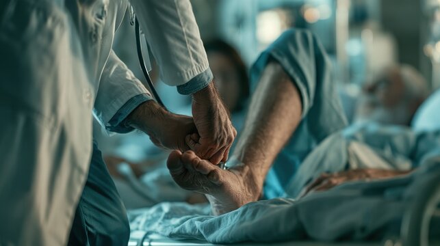 Healthcare Professional Examining an Older Adult Foot at hospital or clinic,Concept of osteoarthritis, knee pain, osteoarthritis, knee inflammation,Physical therapy.