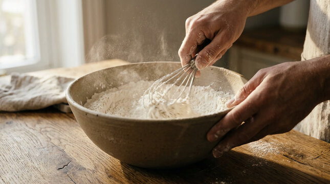 Professional chef hands whisking organic flour in a large ceramic bowl on a rustic wooden table, warm natural sunlight illuminating dust particles in a cozy farmhouse kitchen scene.