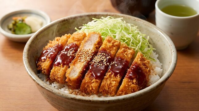 Delicious japanese pork cutlet katsu don bowl with rice and cabbage. Nagoya rice bowl