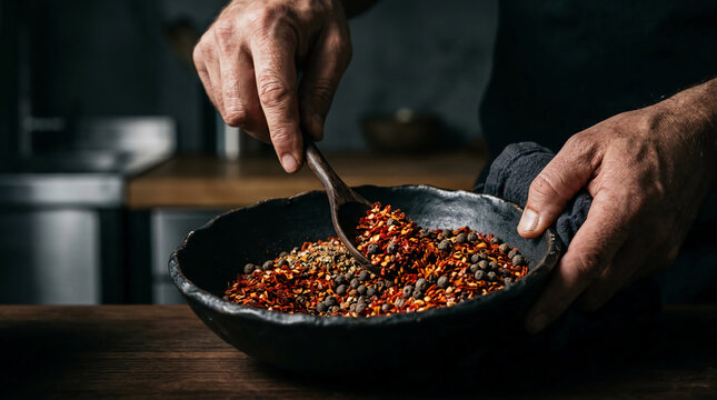 Chef hands stirring aromatic red chili flakes and black peppercorns with a wooden spoon in a rustic ceramic bowl on a dark kitchen table, moody cinematic food photography preparation.