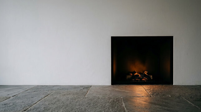 Minimalist black fireplace glowing with warm embers built into a clean white wall and rustic stone tile floor, cozy contemporary interior design background for home decor inspiration.