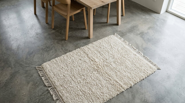 Plush White Shaggy Rug with Fringe Tassels Placed on Polished Gray Concrete Floor in a Minimalist Modern Interior Living Space Featuring Natural Wood Furniture and Bright Daylight Mood.