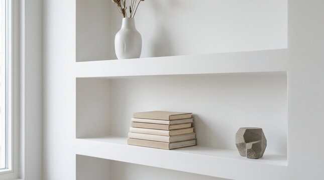 Minimalist white built-in shelving unit with decorative vase and book stack in a bright modern home interior, serene Scandinavian living room aesthetic with soft natural window lighting.