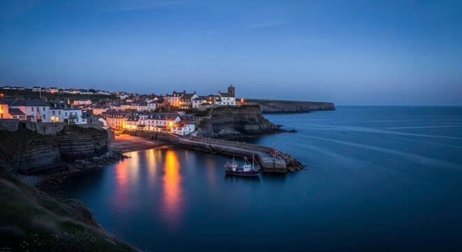 Scenic coastal village harbor with fishing boat at blue hour twilight in cornwall united kingdom europe