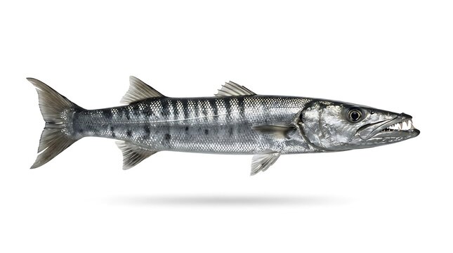 Predatory Great Barracuda fish with sharp teeth and silver scales swimming isolated on white for marine wildlife and sport fishing concepts