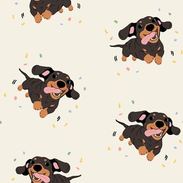 Cute Dachshund Dogs Seamless Pattern with Playful Running Puppies and Colorful Confetti