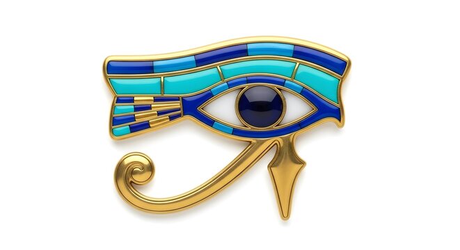 Ancient Egyptian Eye of Horus amulet with vibrant blue and gold details isolated on white background for spiritual concepts