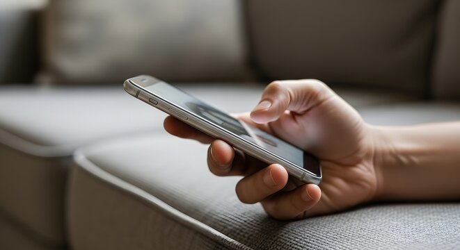 A hand holding a smartphone with a glowing screen while resting on a couch with soft lighting