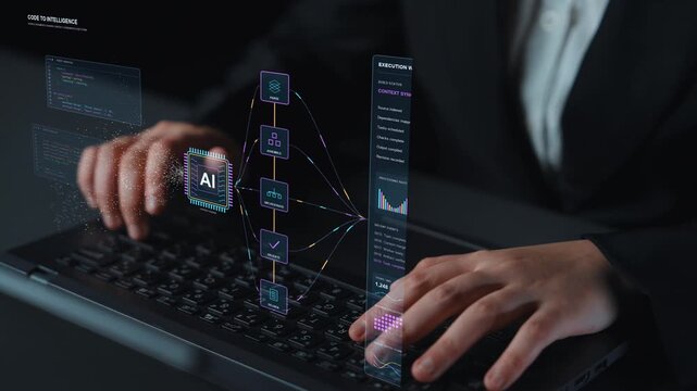 AI specialist works on a laptop. AI-assisted programming connects source material with a sequence of parsing, assembly and validation, while execution metrics describe the resulting software work.