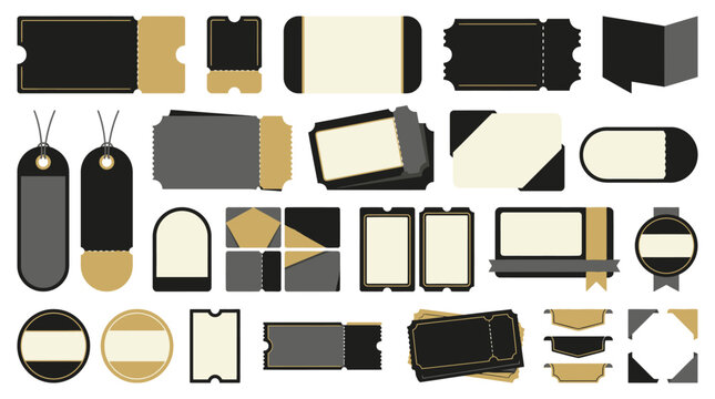 Vintage paper tickets and blank label collection, black kraft ticket stubs, retro coupon vector templates for branding