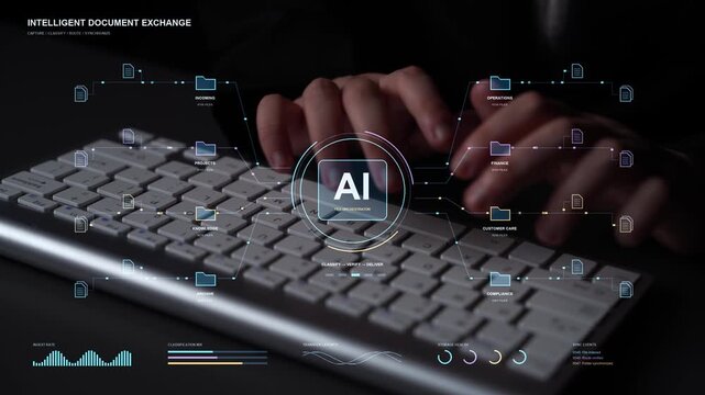 AI specialist is typing. An intelligent exchange workflow connects project documents and knowledge records with reviewed outputs, supporting coordinated information handling across departments.