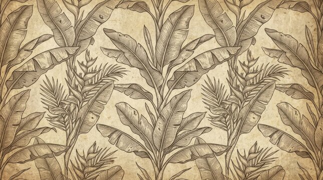 Vintage Sepia Botanical Wallpaper With Leaf Pattern.