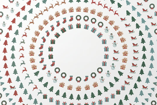 Christmas decorations arranged in concentric circles with copy space